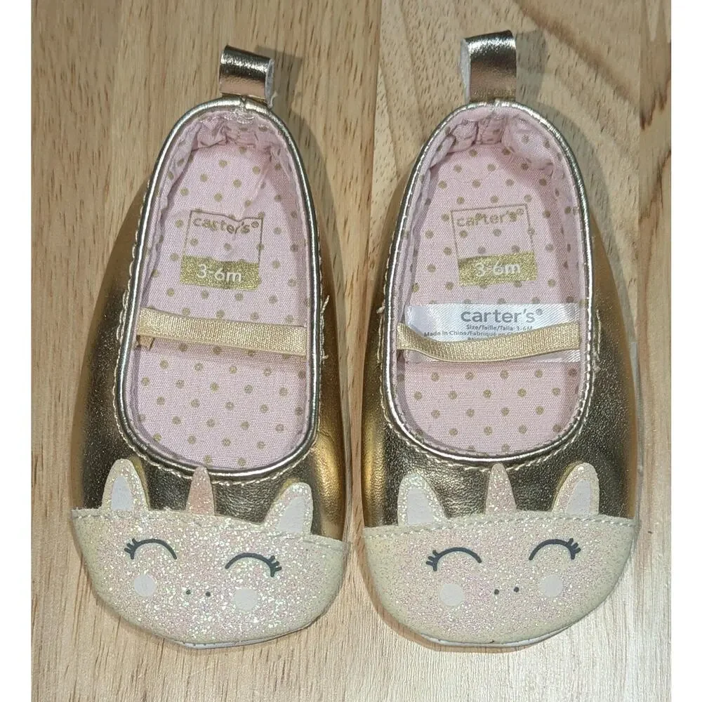 Carter's Ballet Flats Size 2 Gold Unicorn Glitter Baby Girls 3-6 Mo. Crib Shoes